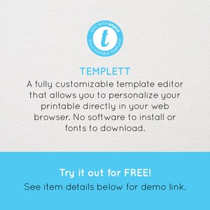 Pu&ograve; includere: Una grafica blu e bianca con il testo "EDIT WITH TEMPLETT" e un cerchio blu con una "t" bianca al suo interno. Il testo "TEMPLETT" &egrave; in un carattere pi&ugrave; grande e dice "Un editor di modelli completamente personalizzabile che ti consente di personalizzare la tua stampa direttamente nel tuo browser web. Nessun software da installare o font da scaricare. Provalo gratis! Guarda i dettagli dell'articolo qui sotto per il link demo."