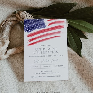 Retirement Party Invitation, Printable Military, Police Retirement Invite, American Flag, Evite, Editable Template, Templett #0037-101RT
