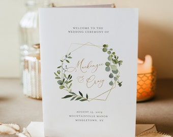 Self-Editing Wedding Program Template, INSTANT DOWNLOAD, Order of Service, 100% Editable Text, Greenery & Gold Folded Program  #056-124WP