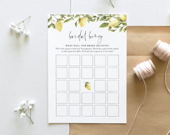 Bridal Bingo Game, Bridal Shower Game Printable, Summer Bridal Shower, Citrus Lemon, Editable, Instant Download, Templett #089-201BG
