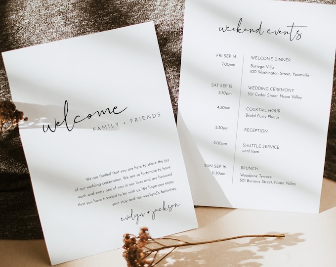 Modern Welcome Letter & Timeline Template, Minimalist Wedding Order of Events, Itinerary, Instant Download, 100% Editable Text #0031-181WB