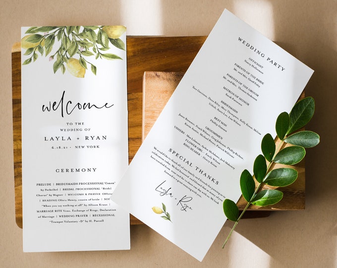 Lemon Wedding Program Template, Instant Download, Printable Summer Citrus Wedding Order of Service, 100% Editable Text, Templett #089-255WP