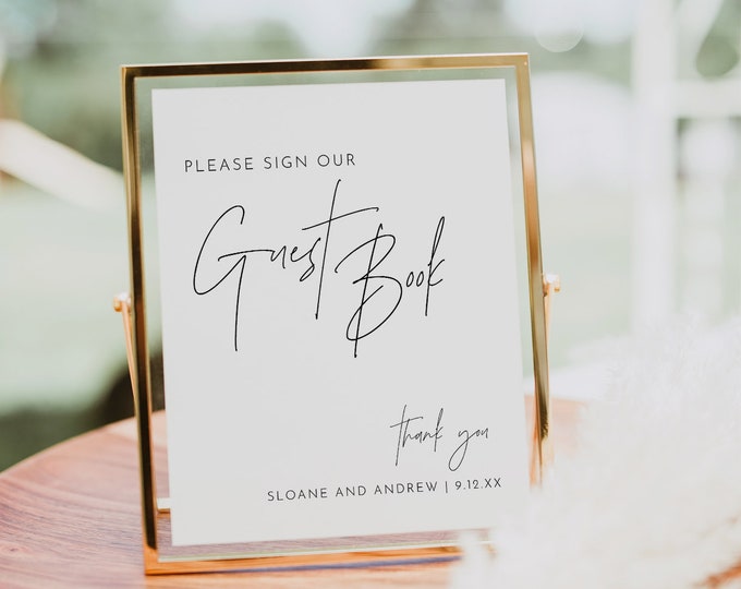 Wedding Guest Book Sign, Editable Template, Printable Guestbook, Minimal, Modern Script, Tabletop Sign, Instant Download, Templett #0026-72S