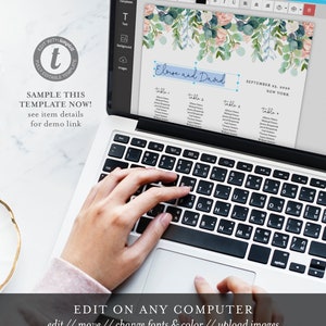 May include: A laptop computer screen displaying a wedding seating chart template with a floral design. The template is editable and includes the names "Elise and David" and the date "September 23, 2020". The text "EDIT ON ANY COMPUTER" is displayed below the laptop.