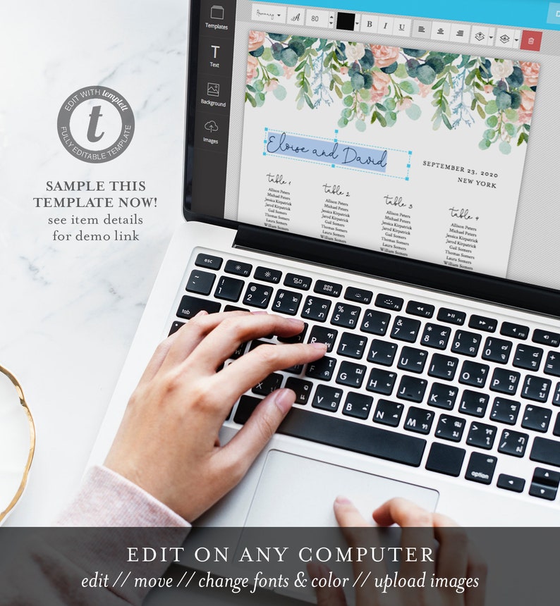 May include: A laptop computer screen displaying a wedding seating chart template with a floral design. The template is editable and includes the names "Elise and David" and the date "September 23, 2020". The text "EDIT ON ANY COMPUTER" is displayed below the laptop.