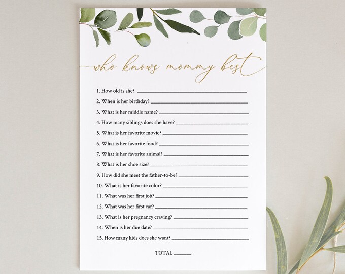 Who Knows Mommy Best Baby Shower Game, Greenery Baby Shower, How Well Do You Know, Editable Template, Personalize Questions #056-379BASG