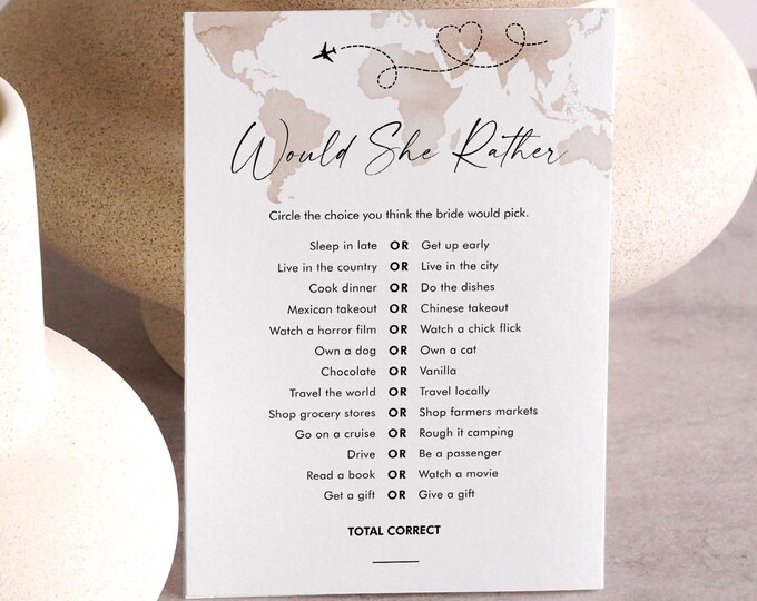 Travel Theme Would She Rather Bridal Shower Game Template, World Map, Printable, Editable Template, Instant Download, Templett #0039-04BRG