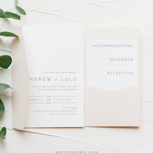 Moderne Pocket Fold Hochzeitseinladungs-Set, minimalistische Einladungs- und Beilagenkarten, sofortiger Download, 100% bearbeitbare Vorlage, Templett #094PF