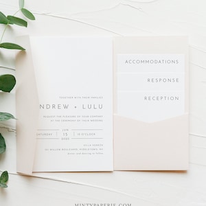 Modern Pocket Fold Wedding Invitation Set, Minimalist Invite & Enclosure Cards, Instant Download, 100% Editable Template, Templett #094PF