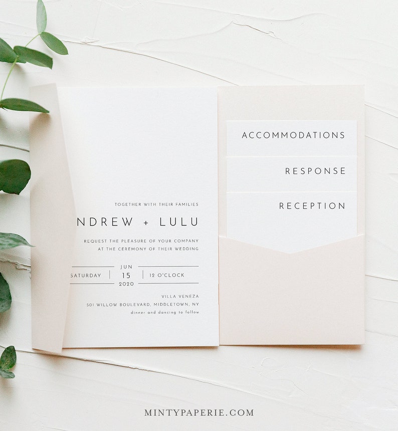 Modern Pocket Fold Wedding Invitation Set, Minimalist Invite & Enclosure Cards, Instant Download, 100% Editable Template, Templett 094PF image 1