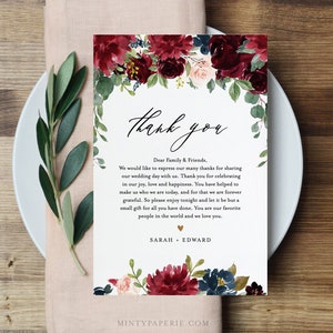 Carta de agradecimiento de boda, nota de servilleta, plantilla de tarjeta en lugar de favores, menú de boda gracias, Boho Borgoña, DESCARGA INSTANTE #062-117TYN