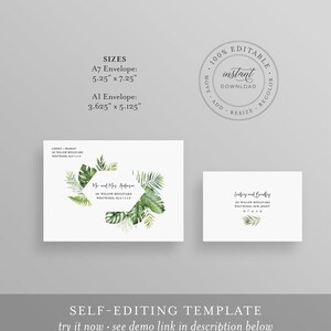May include: Editable wedding invitation template with a tropical theme. The template features a green watercolor wreath with leaves and a hexagon in the center. The text "Mr and Mrs. Apropogen" is in the hexagon. The template is 5.25 inches by 7.25 inches.