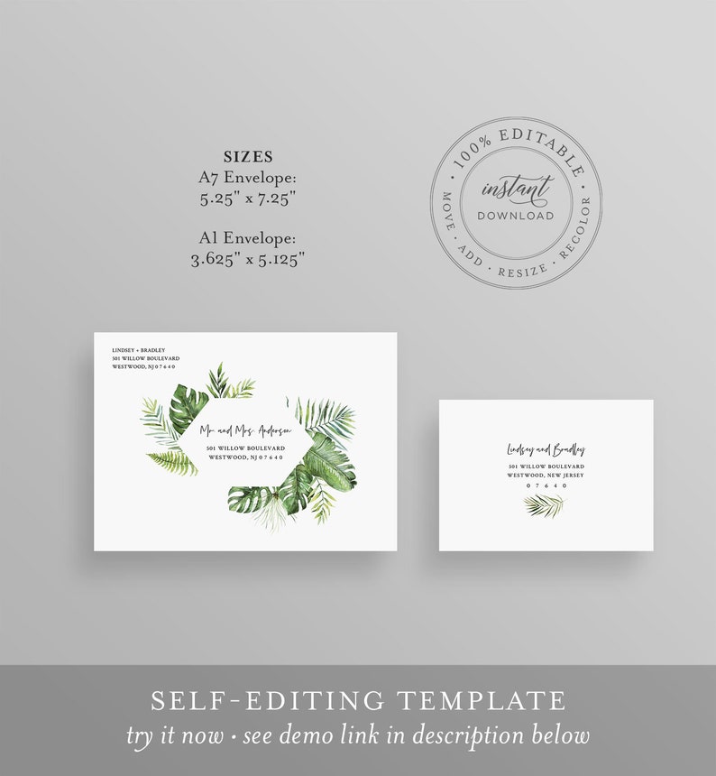 May include: Editable wedding invitation template with a tropical theme. The template features a green watercolor wreath with leaves and a hexagon in the center. The text "Mr and Mrs. Apropogen" is in the hexagon. The template is 5.25 inches by 7.25 inches.