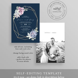 Succulent Wedding Invitation Set, Instant Download, 100% Editable Template, Printable Boho Cactus Invite, RSVP & Detail, Templett, DIY 041A image 3