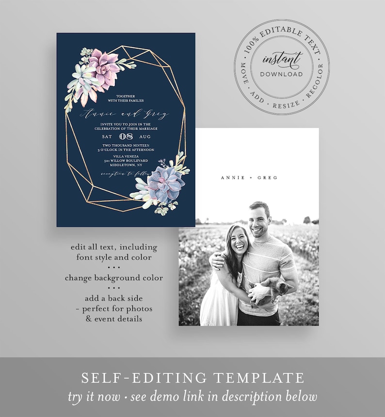 Succulent Wedding Invitation Set, Instant Download, 100% Editable Template, Printable Boho Cactus Invite, RSVP & Detail, Templett, DIY 041A image 3