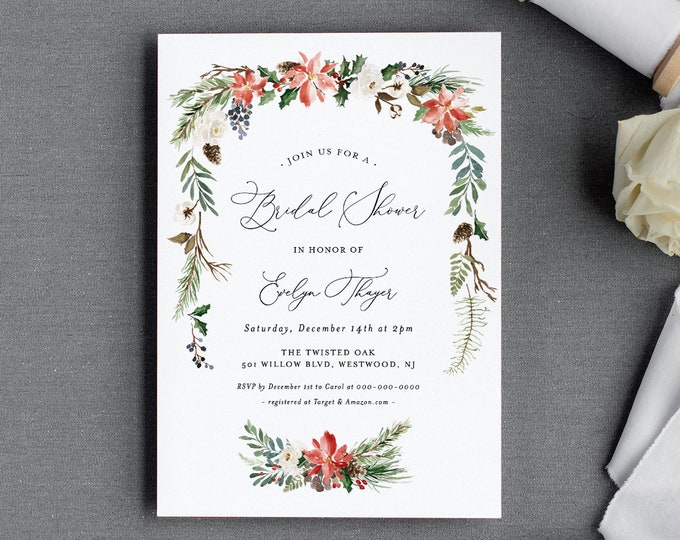 Winter Bridal Shower Invitation Template, Holly, Evergreen, Pine, Conifer, Couples Shower Invite, Editable, INSTANT DOWNLOAD #071-199BS