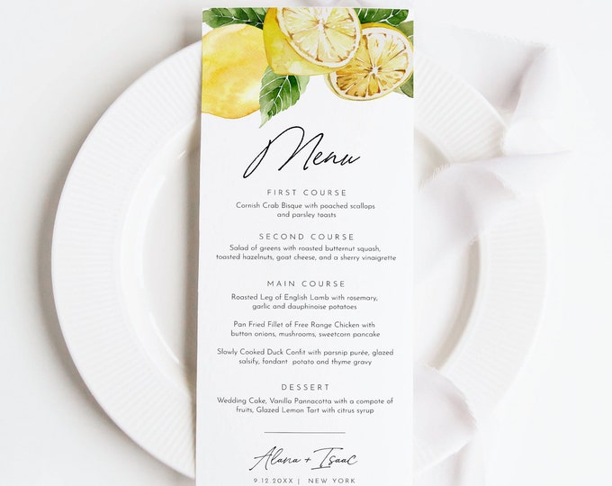 Lemon Menu Template, Printable Citrus Summer Wedding Dinner Menu Card, 100% Editable Text, Instant Download, Templett, 3.5x8.5 #0027-211WM