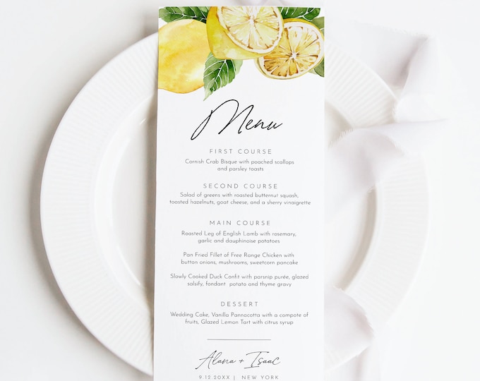 Lemon Menu Template, Printable Citrus Summer Wedding Dinner Menu Card, 100% Editable Text, Instant Download, Templett, 3.5x8.5 #0027-211WM