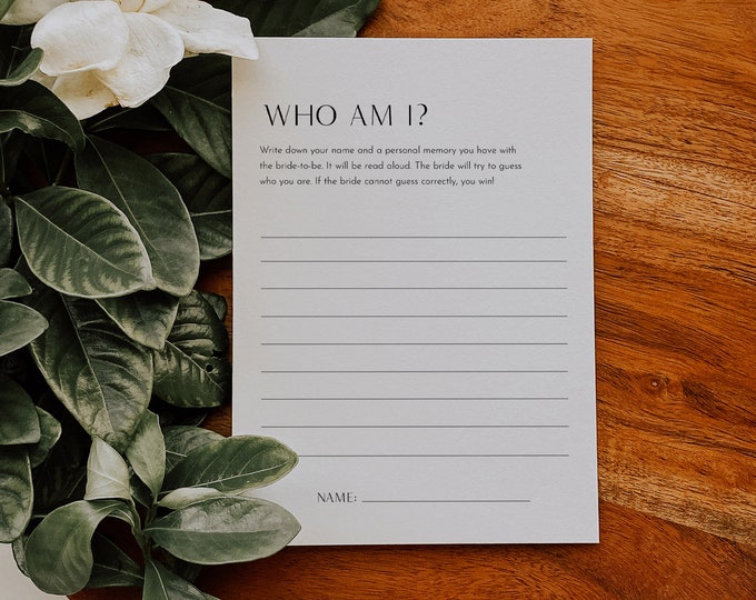 Who Am I Bridal Shower Game, Memory with the Bride, Minimalist Wedding Shower, Editable Template, Instant Download, Templett #0026B-32S