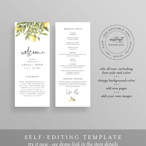 May include: A printable wedding ceremony program template with a watercolor lemon illustration. The template is fully editable and includes text for the wedding party, ceremony, and special thanks. The text reads "Welcome to the wedding of Layla + Ryan 6.18.21 New York".