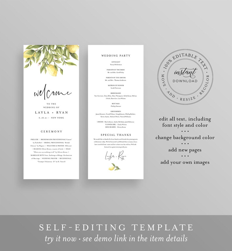 May include: A printable wedding ceremony program template with a watercolor lemon illustration. The template is fully editable and includes text for the wedding party, ceremony, and special thanks. The text reads "Welcome to the wedding of Layla + Ryan 6.18.21 New York".