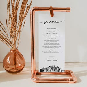 Menú de Dallas, tarjeta de menú de cena de boda con el horizonte de la ciudad de Dallas, Texas, imprimible, plantilla editable, descarga instantánea, Templett n.° 0047-231WM