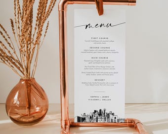 Dallas Menu, Printable Dallas Texas City Skyline Wedding Dinner Menu Card, Editable Template, Instant Download, Templett #0047-231WM