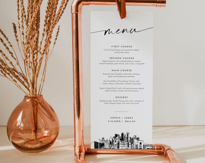Dallas Menu, Printable Dallas Texas City Skyline Wedding Dinner Menu Card, Editable Template, Instant Download, Templett #0047-231WM
