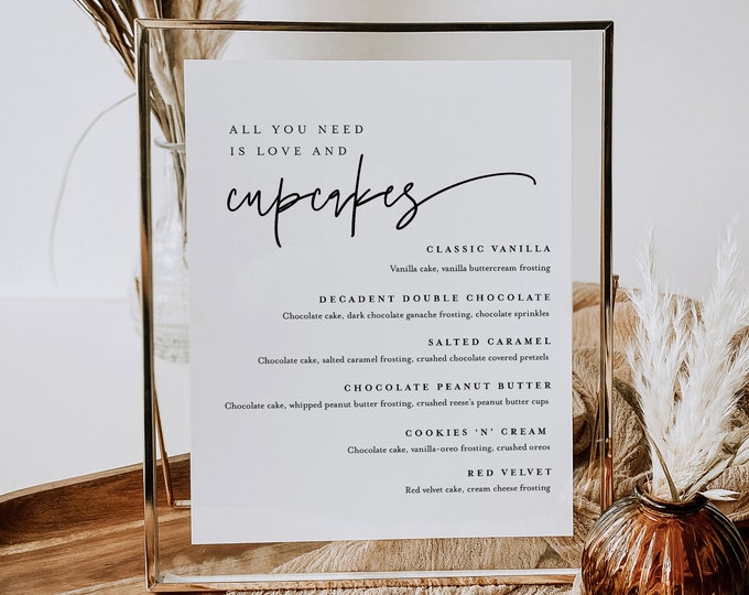 Cupcake Menu Sign, Printable Minimalist Wedding Cupcake Bar Station, Editable Dessert Template, Instant Download, Templett #0009-106DM