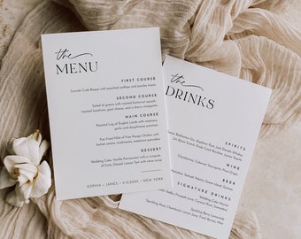 Dinner and Drink Menu Template, Printable Modern Wedding Reception/ Bar Menu Card, 100% Editable, Instant, Templett, 5x7 #0032-223WM