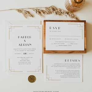 May include: Elegant wedding invitation suite featuring a white invitation card with gold geometric accents. The suite includes RSVP and details cards, all with matching design elements. A gold wax seal and decorative sprig add to the sophisticated aesthetic. The text reads "Harper & Adrian".