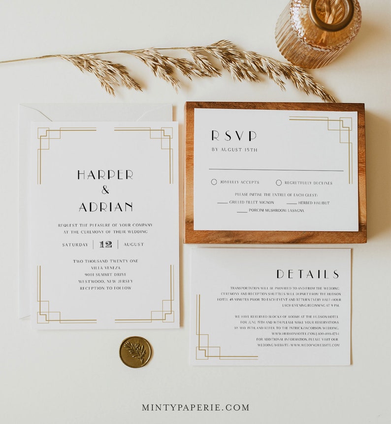 May include: Elegant wedding invitation suite featuring a white invitation card with gold geometric accents. The suite includes RSVP and details cards, all with matching design elements. A gold wax seal and decorative sprig add to the sophisticated aesthetic. The text reads "Harper & Adrian".