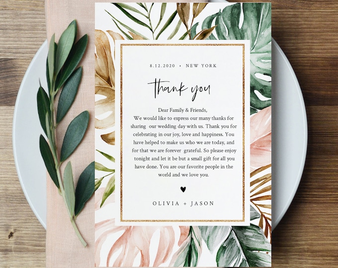 Tropical Thank You Letter, Napkin Note, Printable Wedding Menu Thank You, Editable Template, INSTANT DOWNLOAD, Templett, 4x6 #087-131TYN