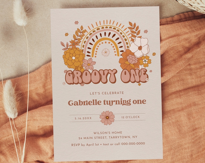 Groovy One Birthday Invitation, Hippie, Retro, 70's Vibe, 1st Birthday Invite, First, Editable Template, Instant, Templett #050-110BD