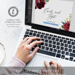 May include: A laptop computer screen displaying a digital template for a wedding thank you card. The card features a watercolor design with burgundy flowers and the text "Cards and Gifts" and "Thank You Sarah & Edward".