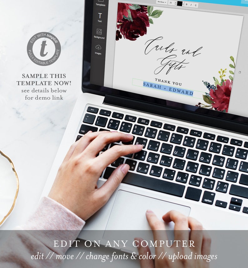 May include: A laptop computer screen displaying a digital template for a wedding thank you card. The card features a watercolor design with burgundy flowers and the text "Cards and Gifts" and "Thank You Sarah & Edward".