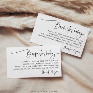 May include: Two white cards with black text that reads "Books for baby". The text on the cards requests guests to bring a book instead of a card for the baby. The cards also include the text "Thank you".