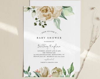 Baby Shower Invitation, White Rose and Florals, Editable Template, Boho Greenery Baby Shower Invite, Instant Download, Templett #057-134BA