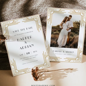 Art Deco Save the Date Vorlage, Gold Retro Hochzeit Save the Date, Sofort Download, 100% bearbeitbarer Text, Templett, 5x7 #0021-191SD