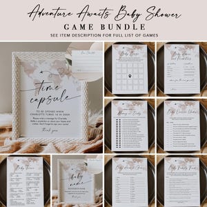 May include: A set of printable baby shower games with a travel theme. The games include "Baby Bingo", "Baby Advice and Predictions", "Who Said It Mommy or Daddy", "Baby Wishes Under $5", "Baby Trivia", "Baby Animal Guess", "Baby Family Feud", and "Time Capsule".