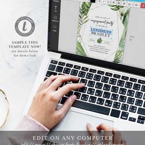 May include: A laptop computer displaying a green and gold engagement party invitation with the text "Join us for an engagement party in honour of Lindsey & Bradley" and the date "June 20, 2020".