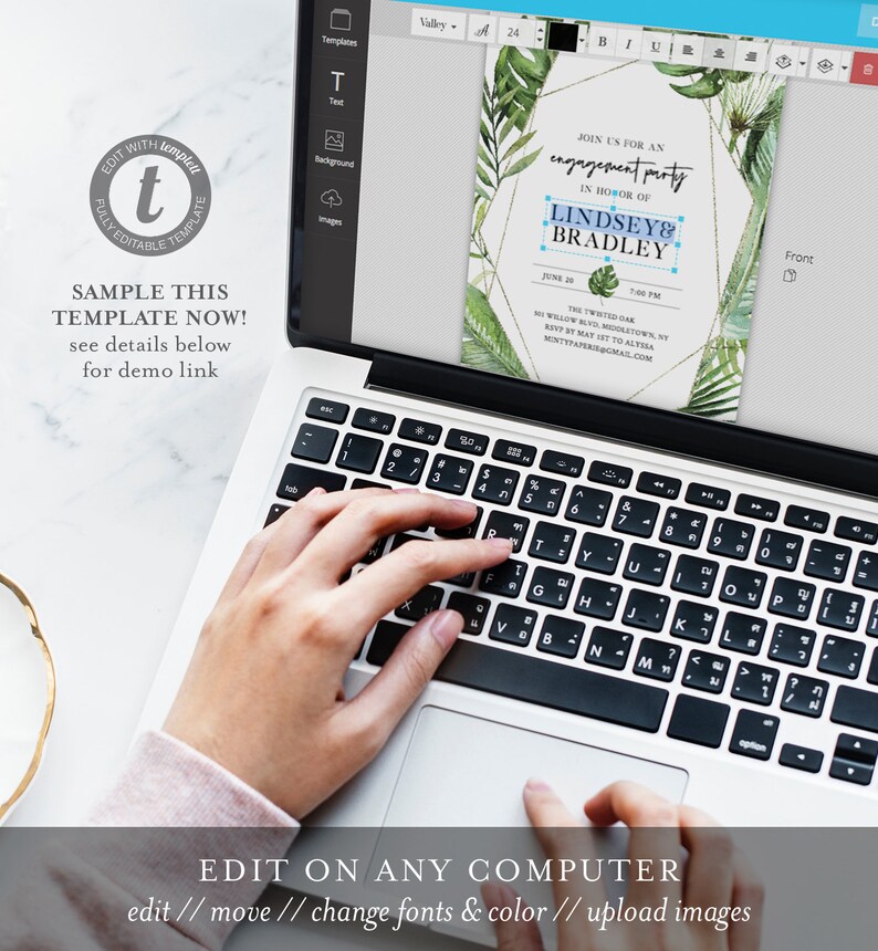 May include: A laptop computer displaying a green and gold engagement party invitation with the text "Join us for an engagement party in honour of Lindsey & Bradley" and the date "June 20, 2020".