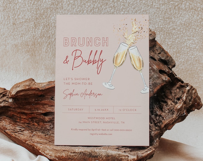 Brunch and Bubbly Baby Shower Invitation Template, Instant Download, Gender Neutral, Printable Baby Shower Invite, Editable #055-240BA