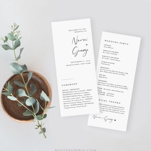 Puede incluir: Programa de ceremonia de boda con un dise&ntilde;o simple en blanco y negro. El programa incluye los nombres de la fiesta de bodas, el oficiante y el orden de la ceremonia. El programa tambi&eacute;n incluye una secci&oacute;n de agradecimiento especial.