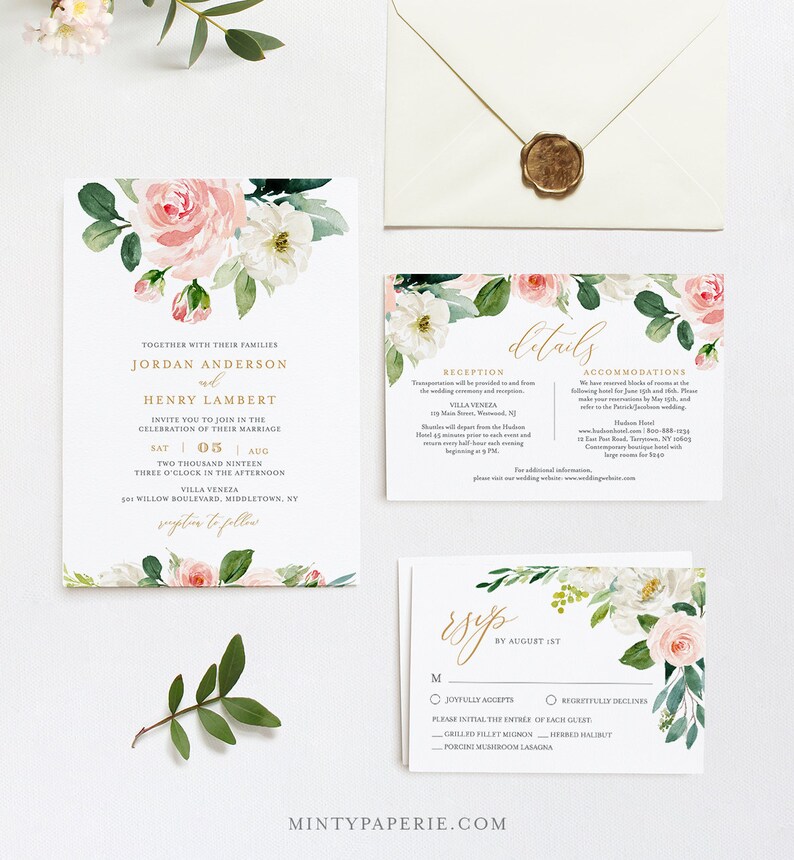 Editable Wedding Invitation Template, Printable Invite, RSVP, Details, Blush Boho Florals, Greenery and Gold, INSTANT DOWNLOAD, DiY #043D image 1