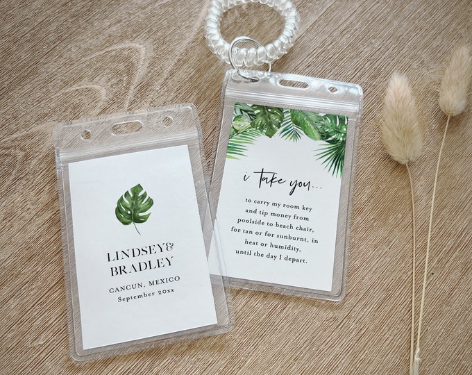 Wedding Room Key Card Tag Template, Printable Tropical Palms Key Card Pocket, Destination Wedding, Instant Download, Templett #083-102RKH