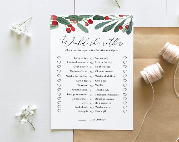 Would She Rather Bridal Shower Game Template, Winter Bridal Shower Printable, Holly & Greenery, Instant Download, Templett #071-196BG