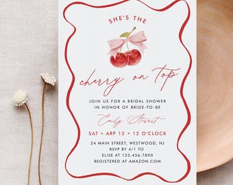 Cherry Bridal Shower Invitation Template, She's the Cherry on Top, Coquette Cherries Wedding Shower Invite, Editable Text #0056-356BS