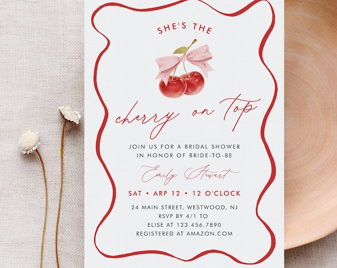 Cherry Bridal Shower Invitation Template, She's the Cherry on Top, Coquette Cherries Wedding Shower Invite, Editable Text #0056-356BS