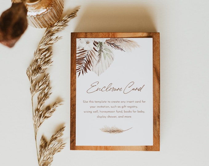 Bohemian Enclosure Card, Boho Pampas Bridal / Baby Shower Insert, Dried Foliage, Editable Template, Instant Download, Templett #0028A-186EC